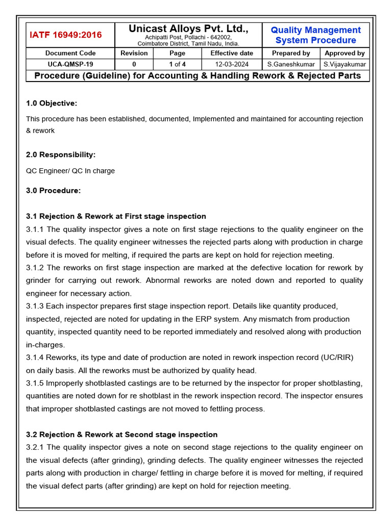 Rework & Rejection Procedure Guide | PDF | Foundry | Metallurgy