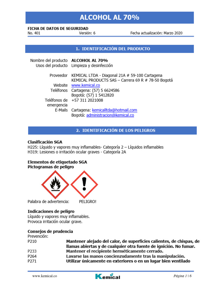 Ficha de Seguridad: Alcohol al 70% | PDF | Agua | Ventilación ...