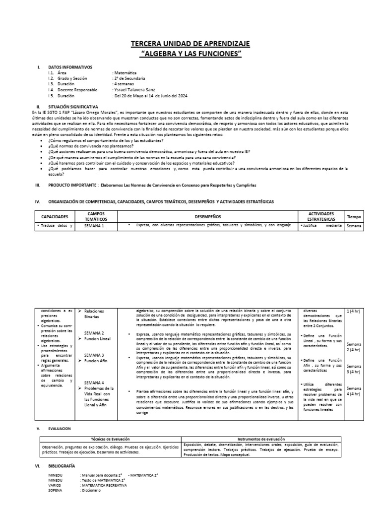 TERCERA UNIDAD DE APRENDIZAJE 2 Año 2024 | PDF | Función (Matemáticas ...