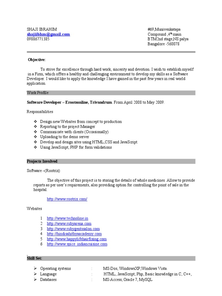 Software Developer Resume - Shaji Ibrahim | PDF | Websites | Java Script
