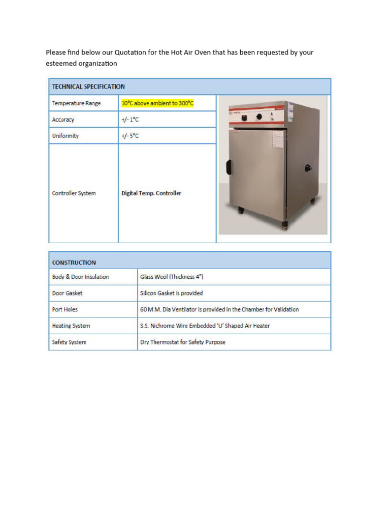 Quotation For Hot Air Oven Download Free PDF Receipt
