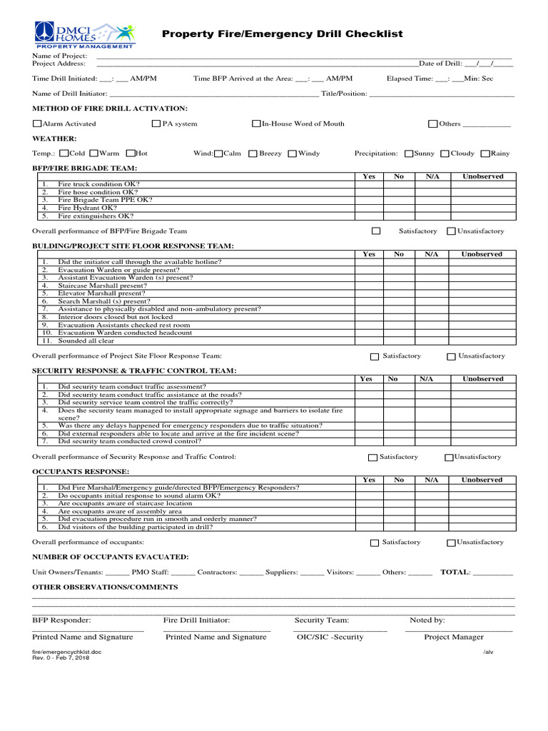 Property Fire Emergency Drill Checklist PDF Safety