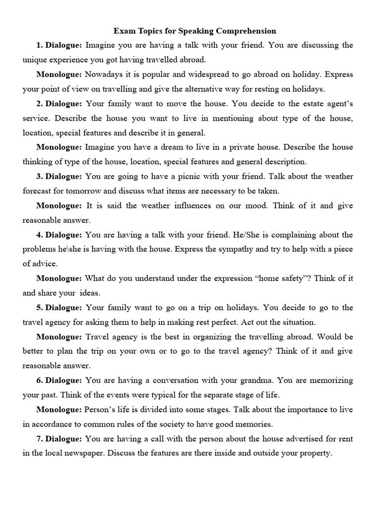 Speaking Comprehension Exam Topics | PDF | Experience | Dialogue