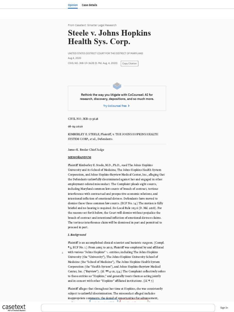 Steele v. Johns Hopkins Health Sys. Corp., CIVIL NO. JKB-19-3628 ...