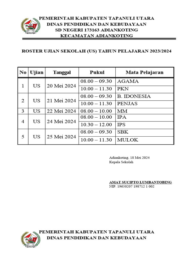 Roster Ujian Sekolah SD Adiankoting 2024 | PDF