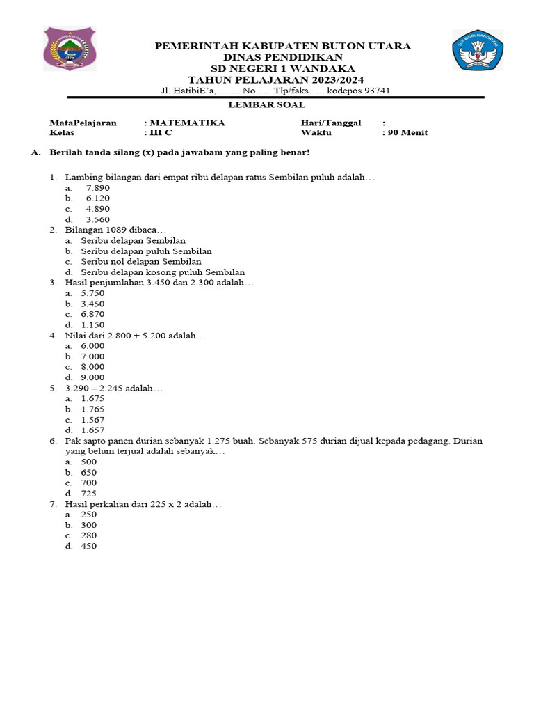 Soal Ulangan Matematika Kelas 3 SD | PDF | Metode & Bahan Ajar | Griya ...
