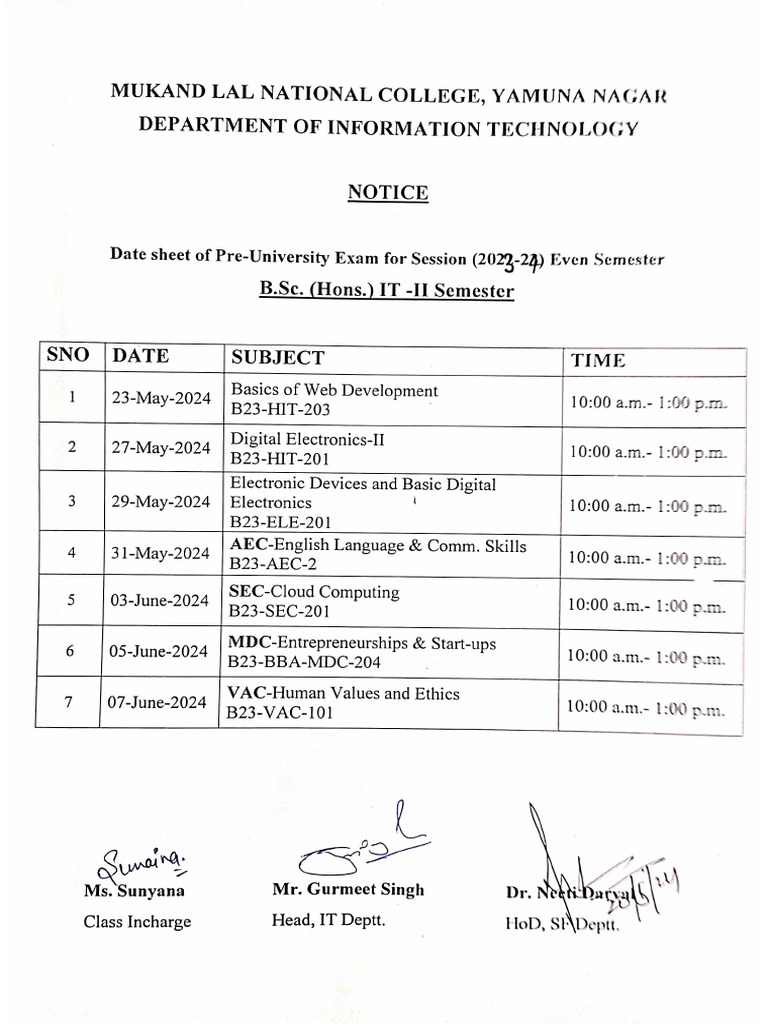 Pre university exam date sheet pdf