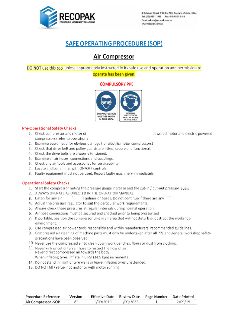 SOP FOR AIR COMPRESSOR PDF