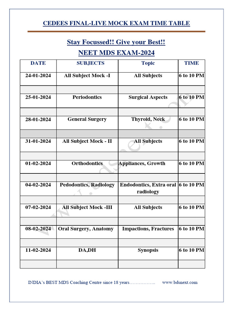 CEDEES MDS Mock Exam Schedule 2024 | PDF | Doctor Of Medicine | Health ...