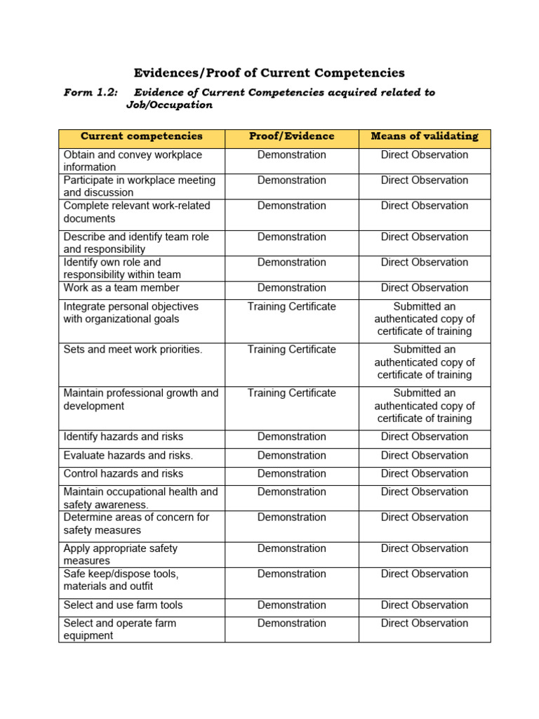 Current Competencies Evidence Checklist | PDF | Risk | Occupational ...