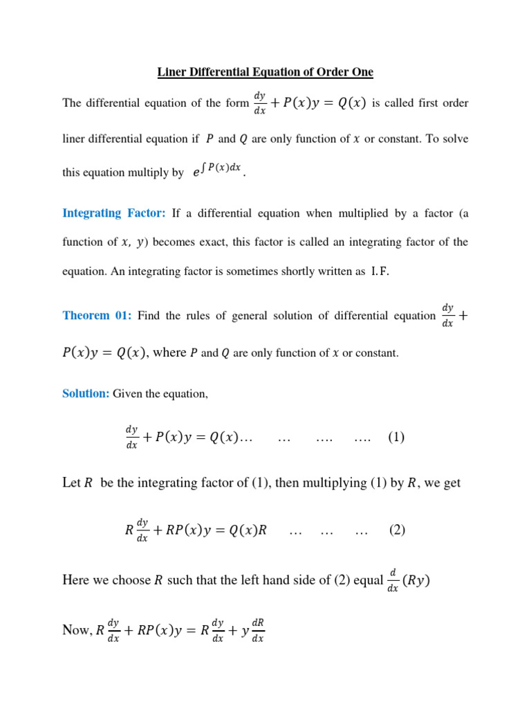 First Order Linear Differential Equations | PDF | Equations | Calculus