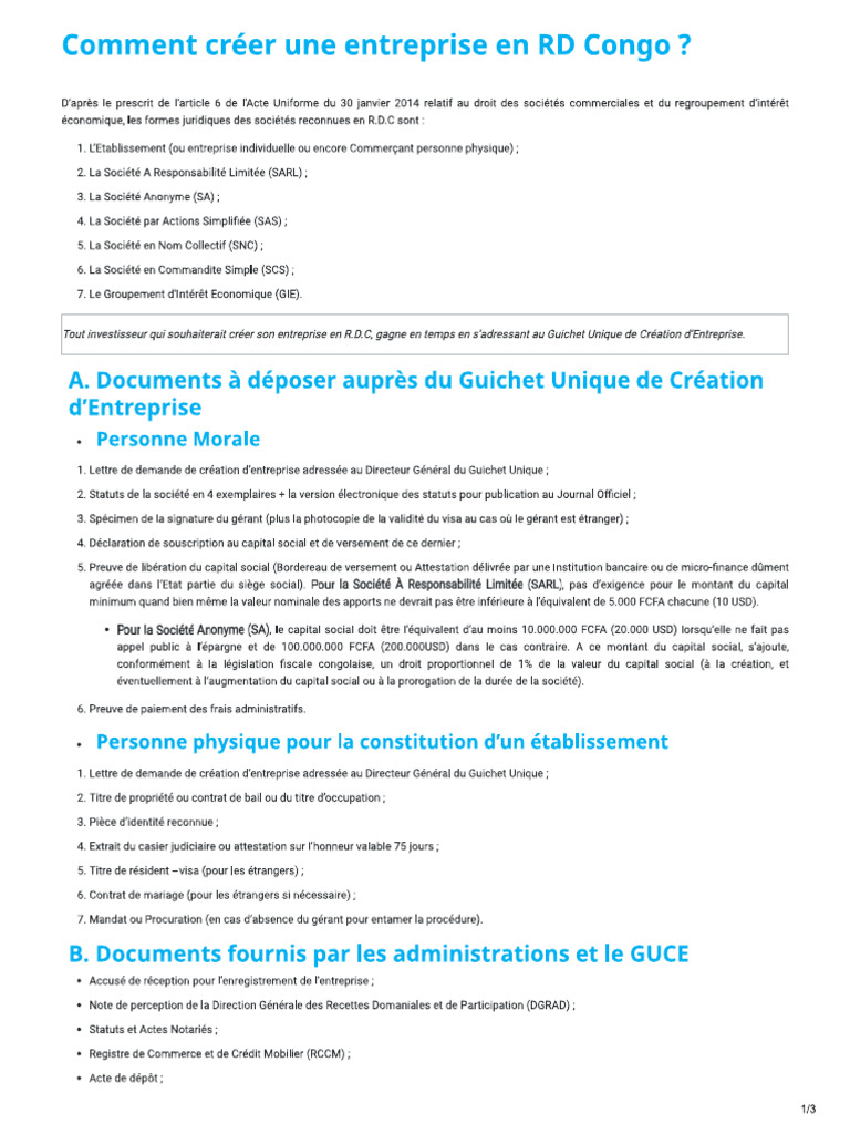 Comment Créer Une Entreprise en RD Congo | PDF