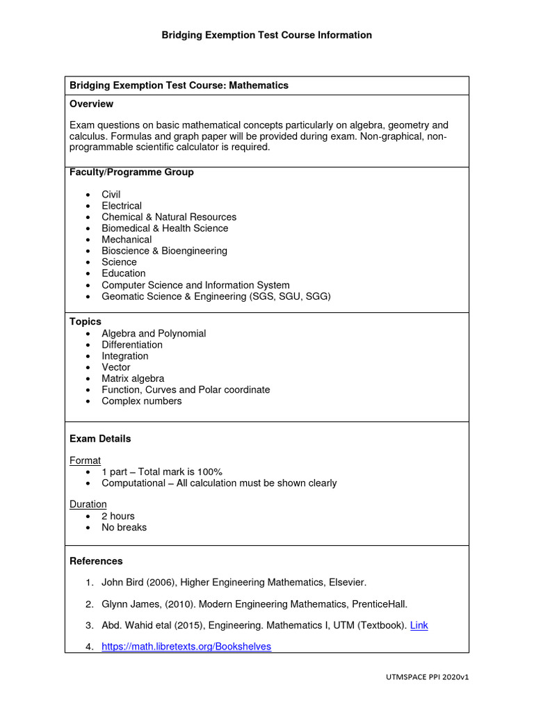 Bridging Exemption Test: Math Course Info | PDF