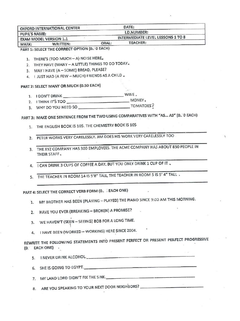 Written Test - Lessons 1 To 8 (Intermediate Level) | PDF