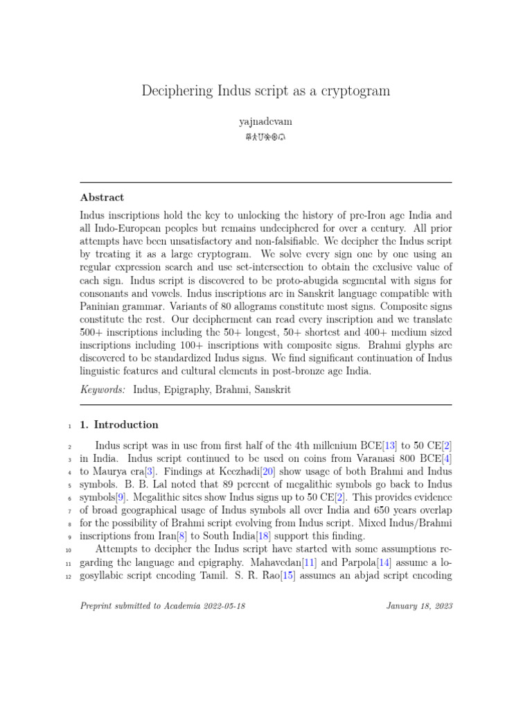 Deciphering Indus Script as Cryptogram | PDF | Writing | Languages Of Asia