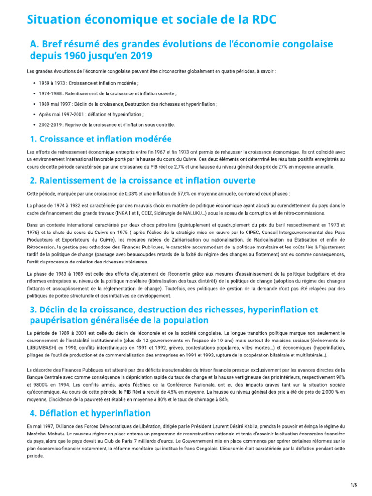 Situation Économique Et Sociale de La RDC | PDF