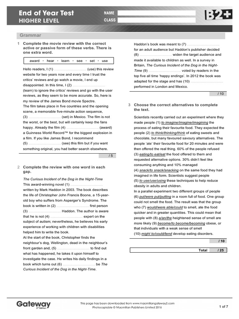 GATEWAY B2PLUS End of Year Test Higher | PDF | Odor | Memory