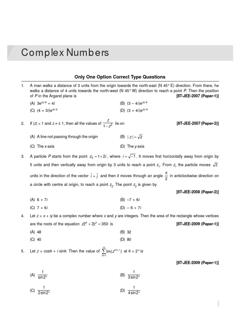 Complex numbers only one option correct type questions pdf complex