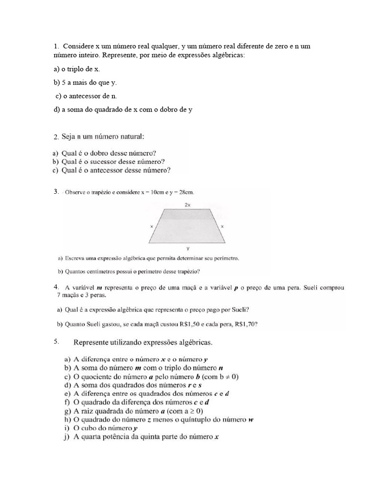 Exercícios Sobre Expressões Algébricas Pdf