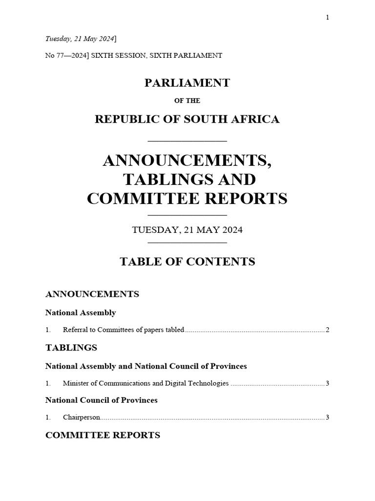 Announcements, Tablings and Committee Reports Parliament Republic of