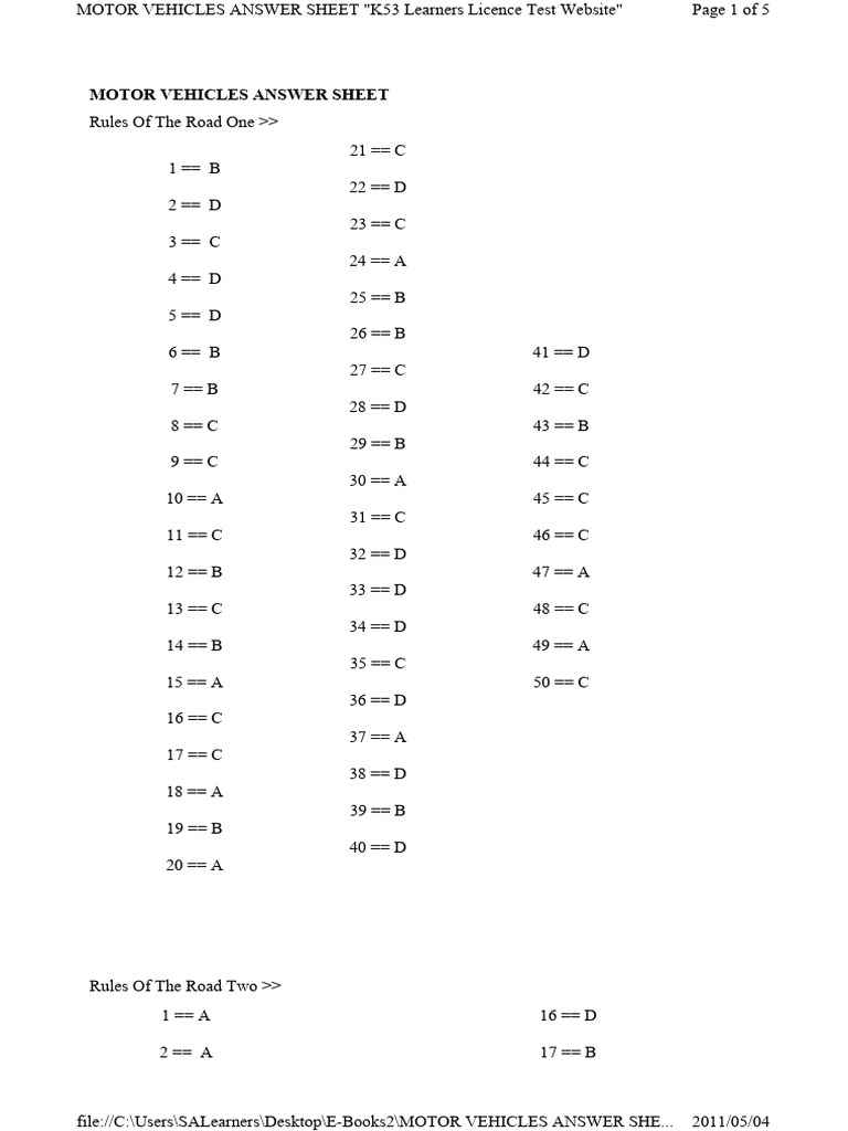 Ans motor vehicles answer sheet k53 learners licence test website