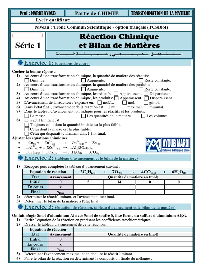 Bilan de matière et tableau d'avancement | PDF | Stœchiométrie | Chimie