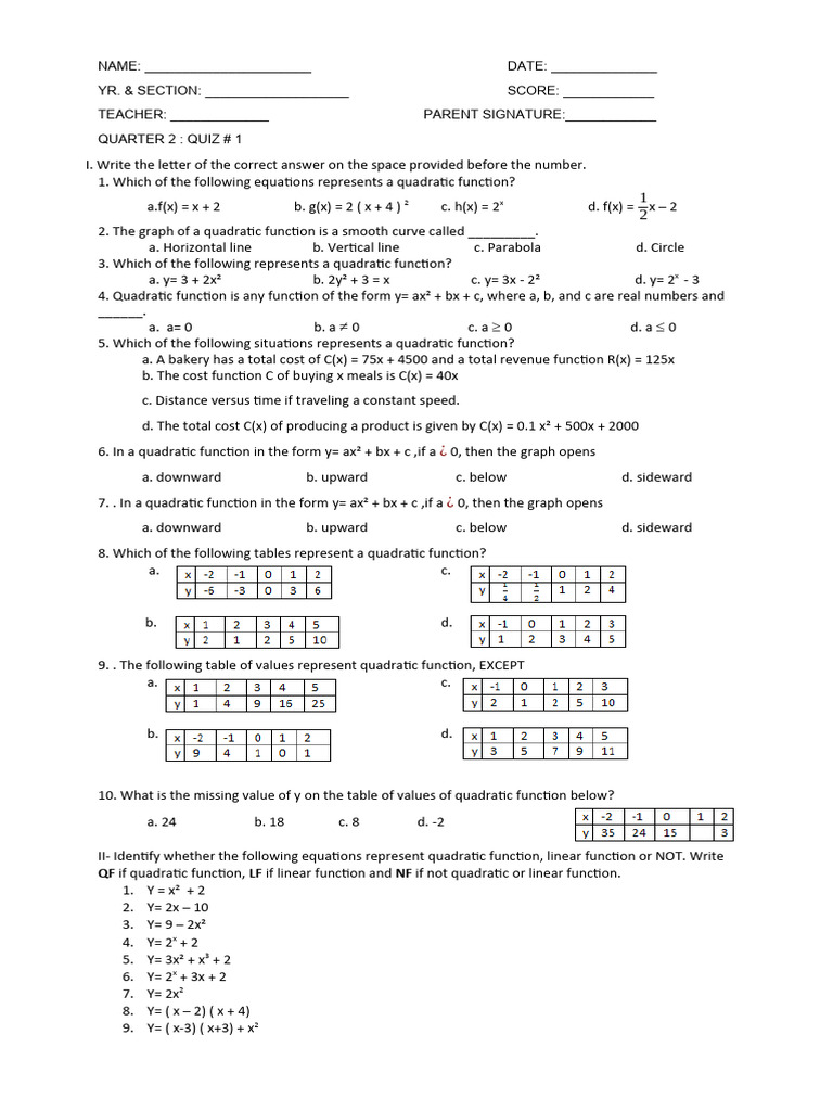 Quarter 2-Quiz 1 & 2 | PDF | Quadratic Equation | Mathematical Objects