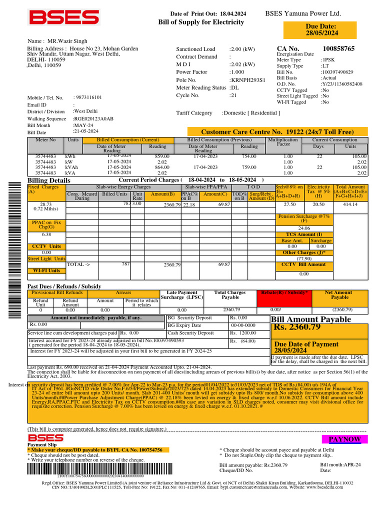 Delhi Electricity Bill Summary 2024 | PDF | Cheque | Payments
