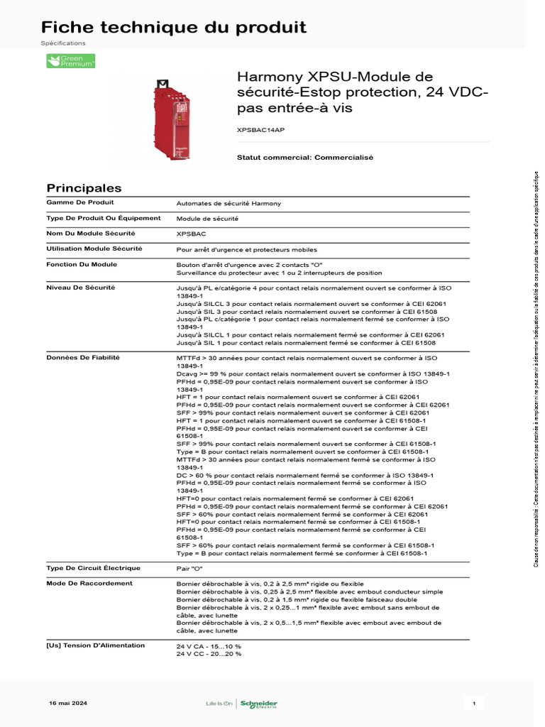 Module De Sécurité Contrôle Urgence XPSBAC14AP Schneider 24V - Neuf - EAN 3606482034013