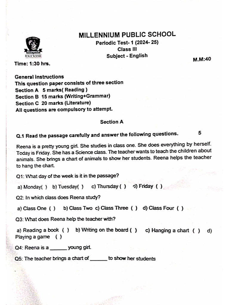 Class 3 english question paper pdf