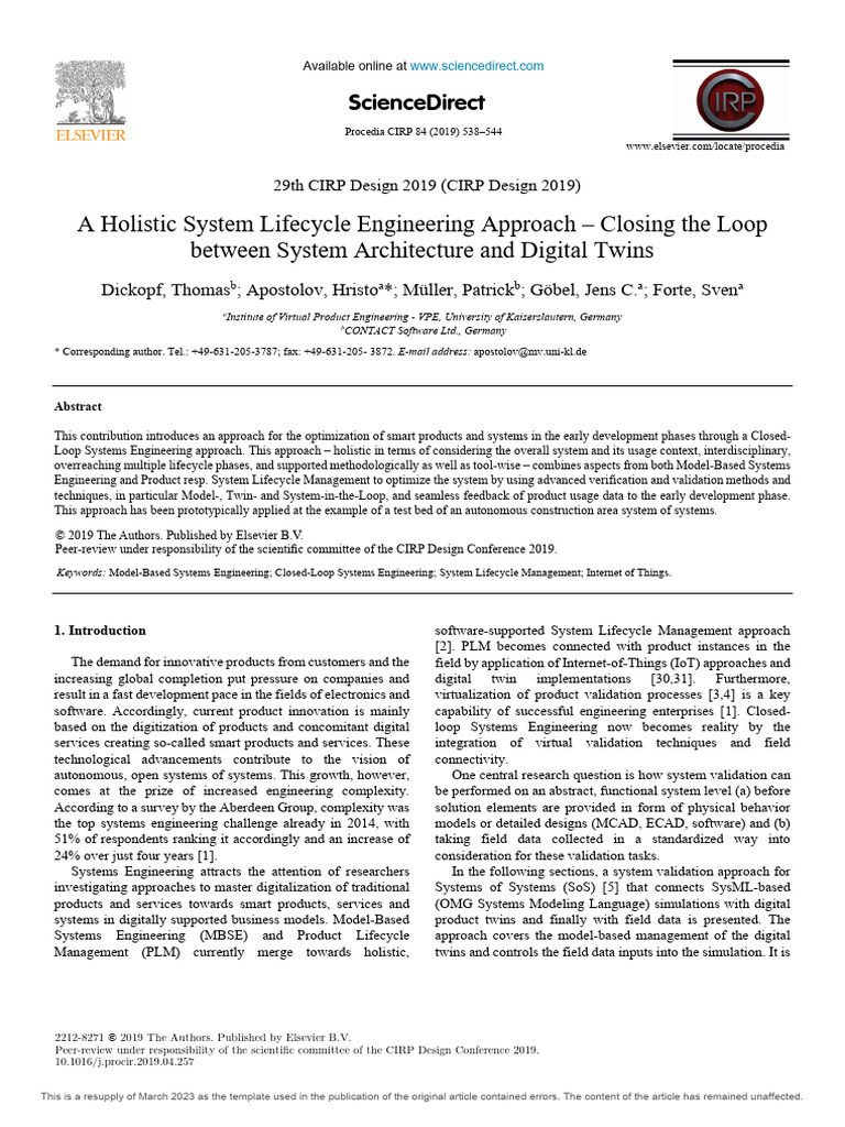 A Holistic System Lifecycle Engineering Approach - Closing The - 2019 ...