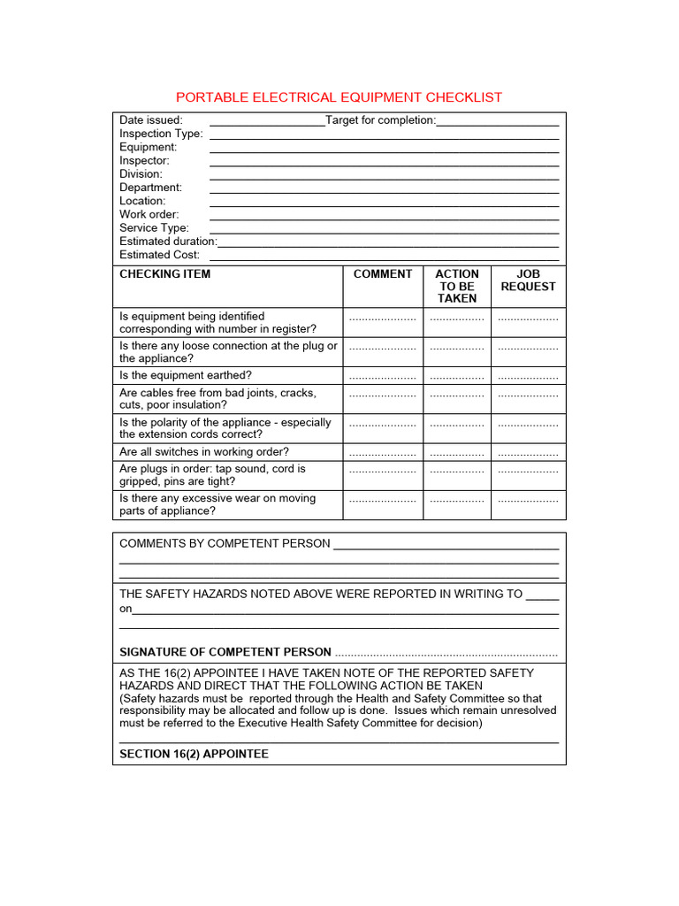 Portable Electrical Equipment Checklist | PDF | Equipment ...