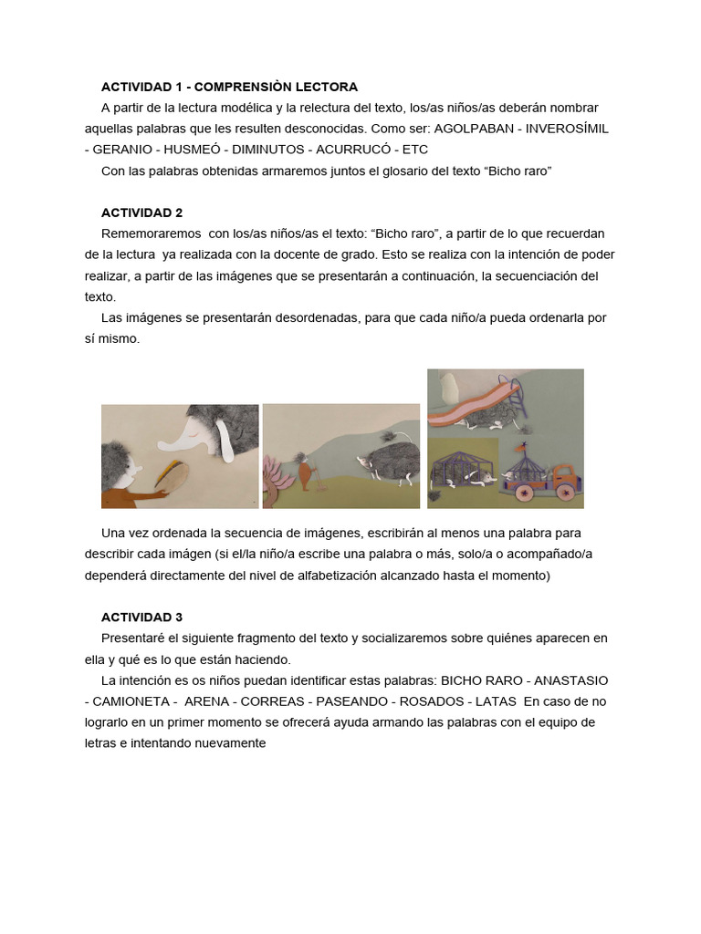 Actividades de Comprensión: Bicho Raro | PDF | Artes del Lenguaje y ...