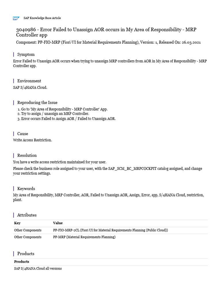 Error failed to unassign aor occurs in my area of responsibility mrp