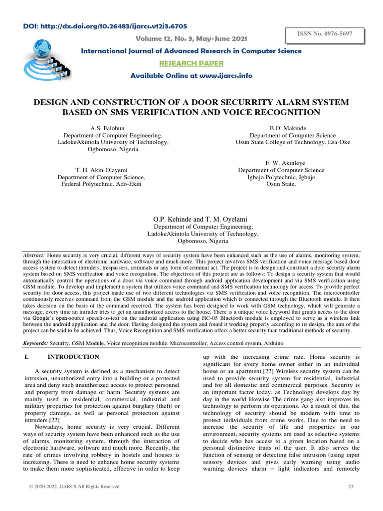 SMS & Voice-Based Door Security System | PDF | Security Alarm | Bluetooth
