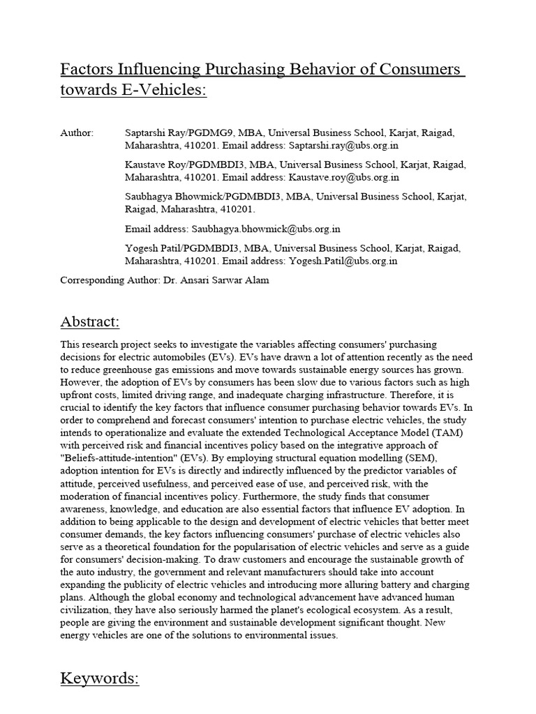 Consumer Behavior Factors for E-Vehicles | PDF | Electric Vehicle ...