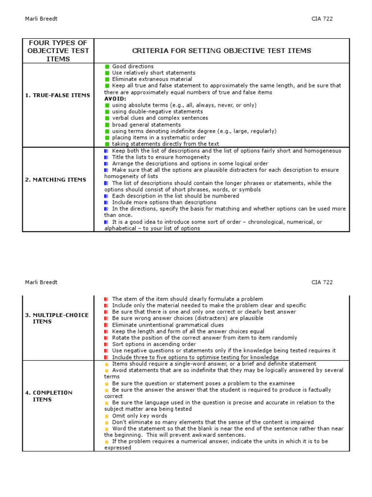 Four Types of Objective Test Items | PDF | Question | Sentence ...