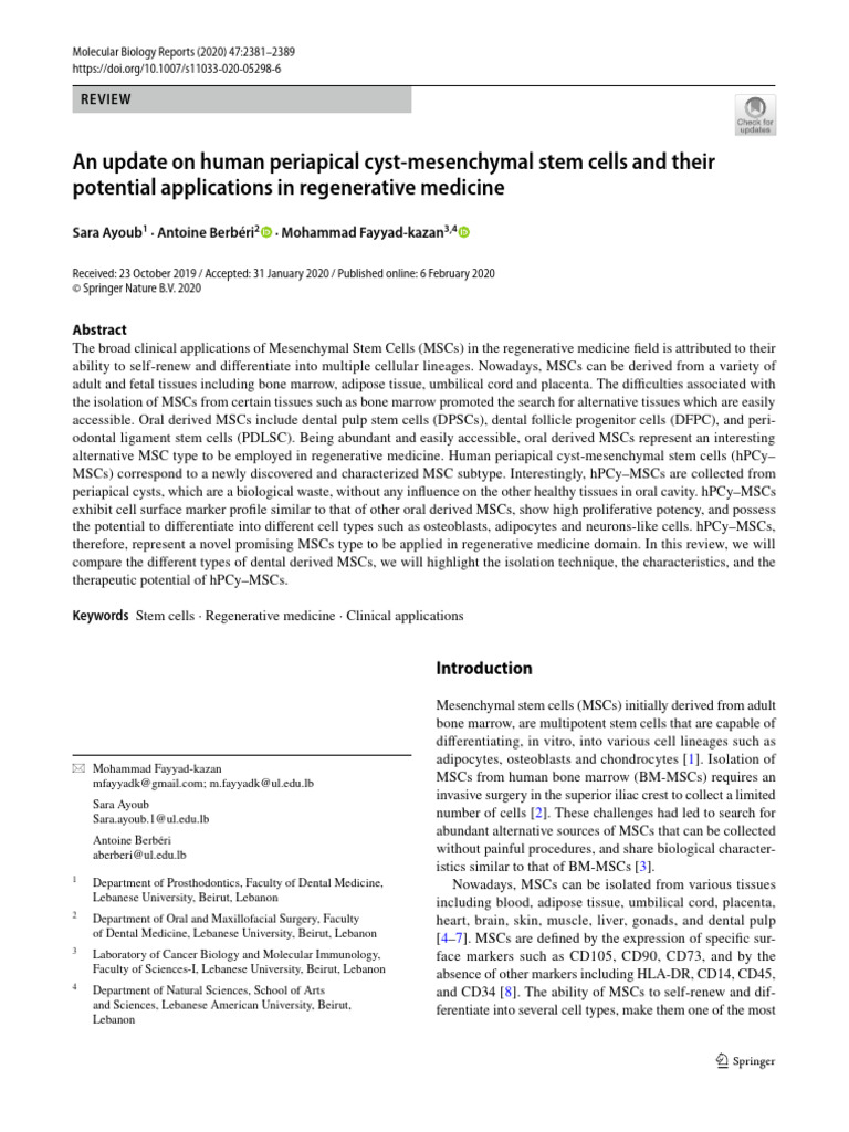 An Update On Human Periapical Cyst Mesenchymal Stem Cells And Their