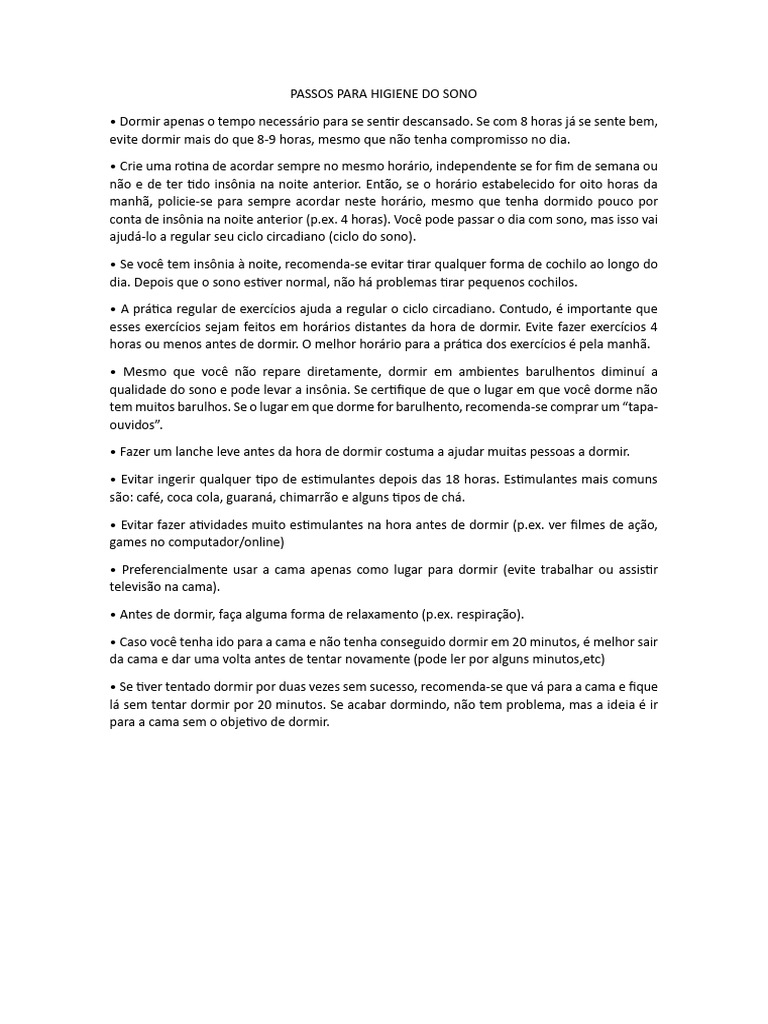 Passos Para Higiene Do Sono Pdf