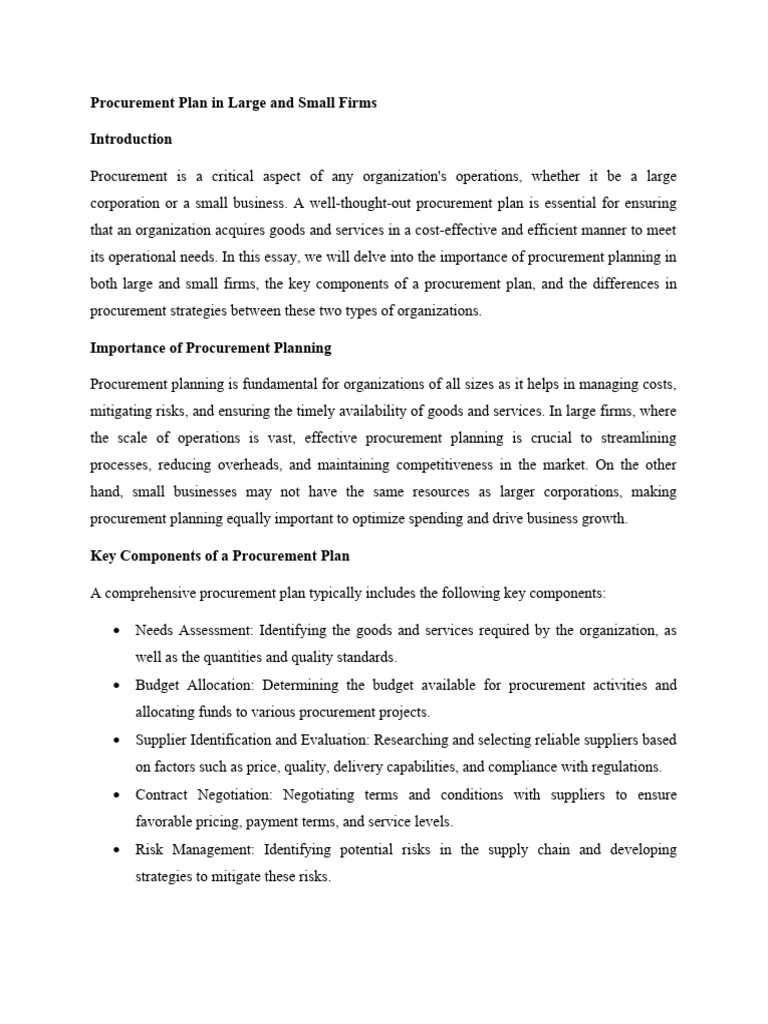 Procurement plan in large and small firms pdf procurement supply