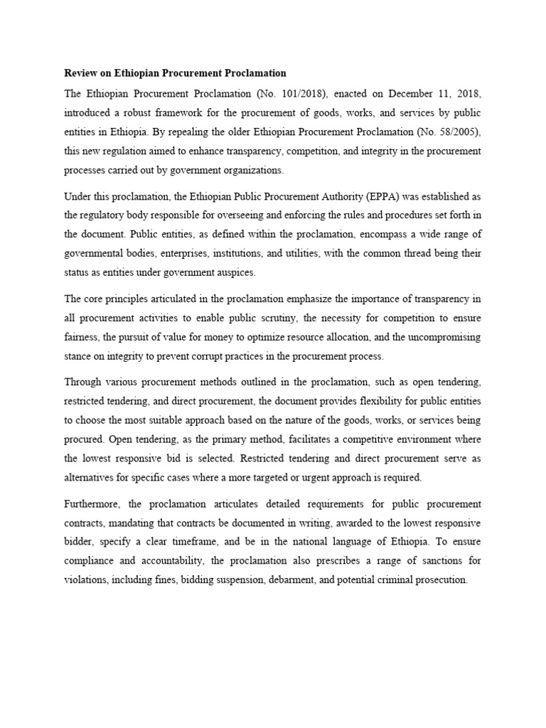 Ethiopian Procurement Proclamation Review | PDF | Public Sphere | Economies