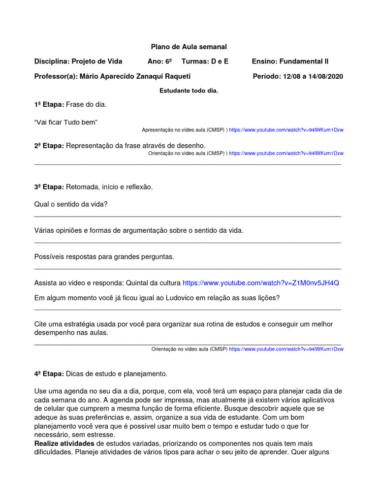 Plano de Aula: Projeto de Vida 6º Ano | PDF | Vida | Planejamento