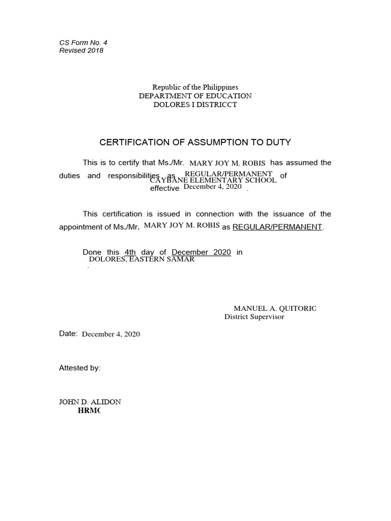 Certificate of assumption to duty pdf