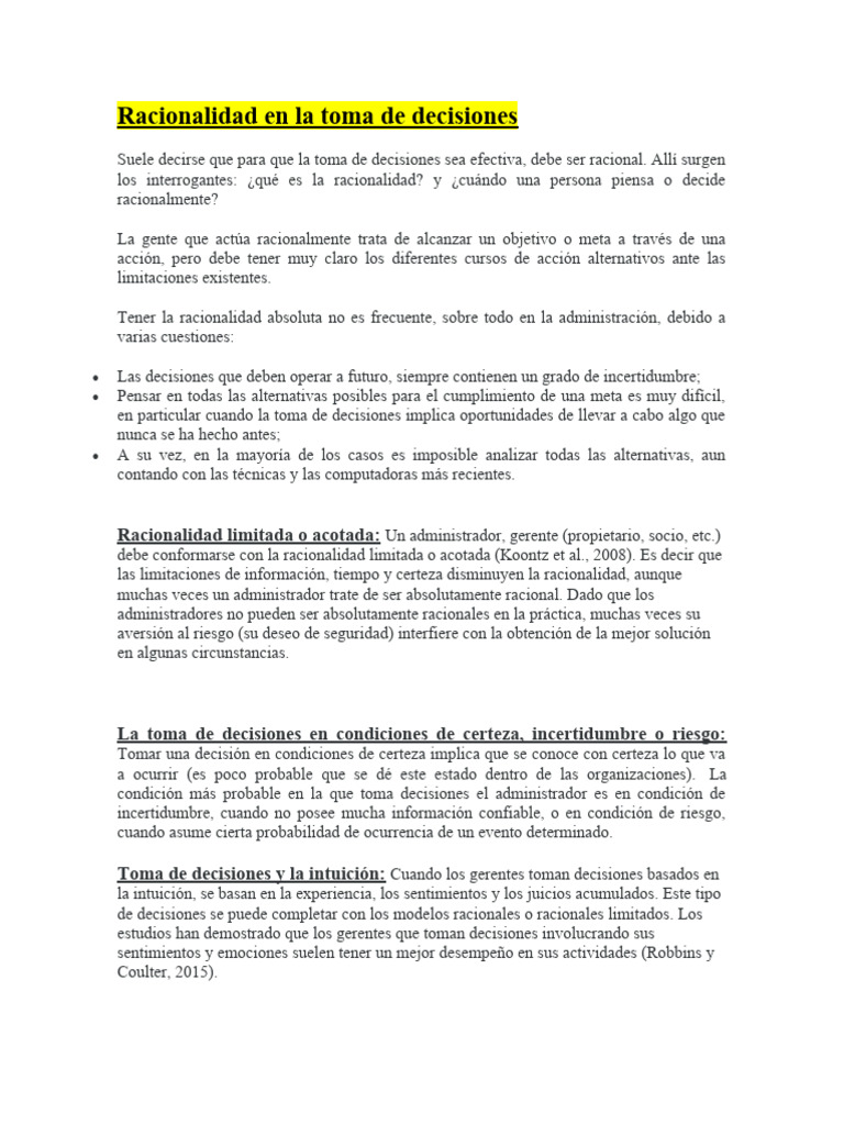 Racionalidad en la Toma de Decisiones | PDF | Toma de decisiones ...