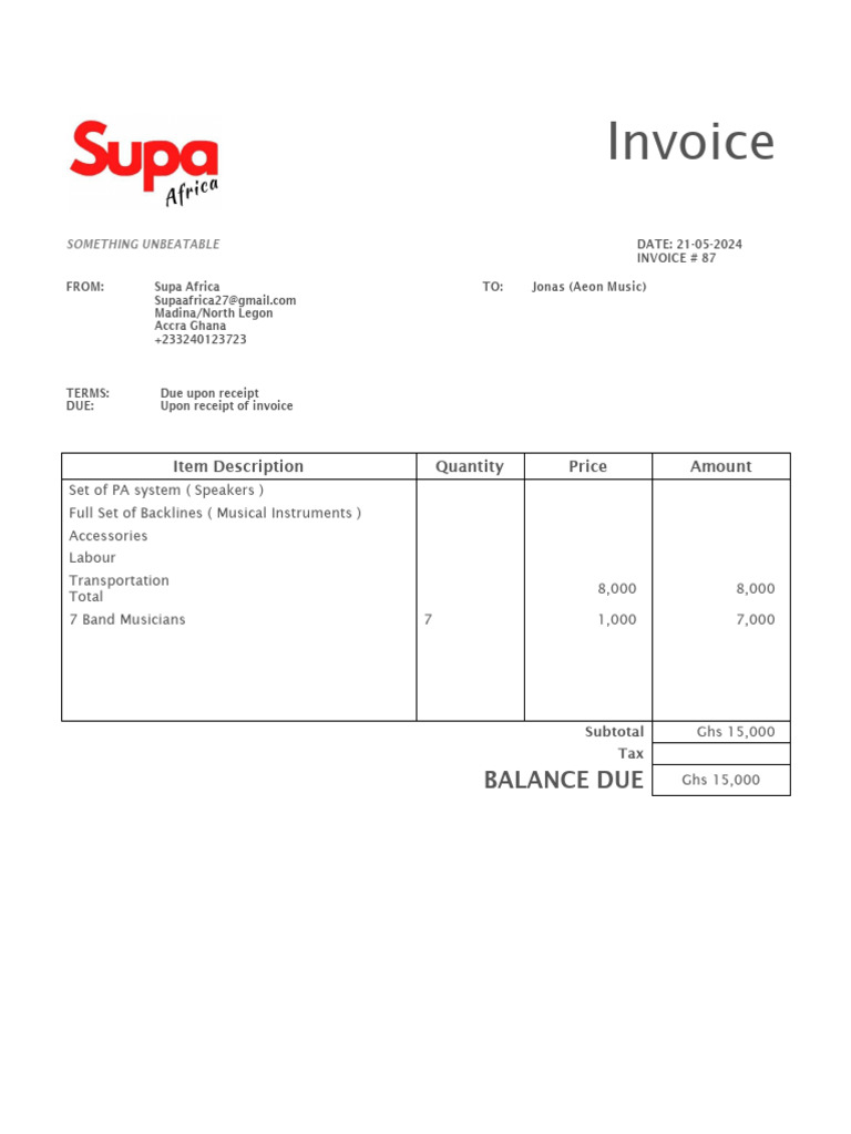 Invoice for PA System and Musicians | PDF