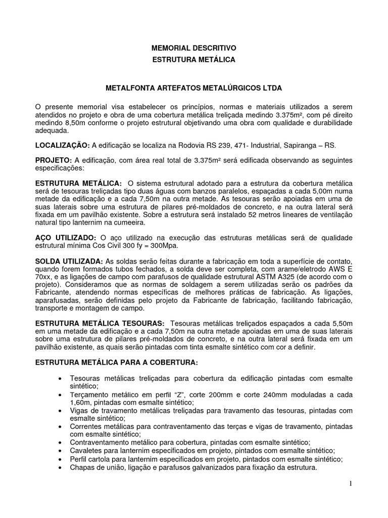Memorial Descritivo de Estrutura Metálica | PDF | Engenharia