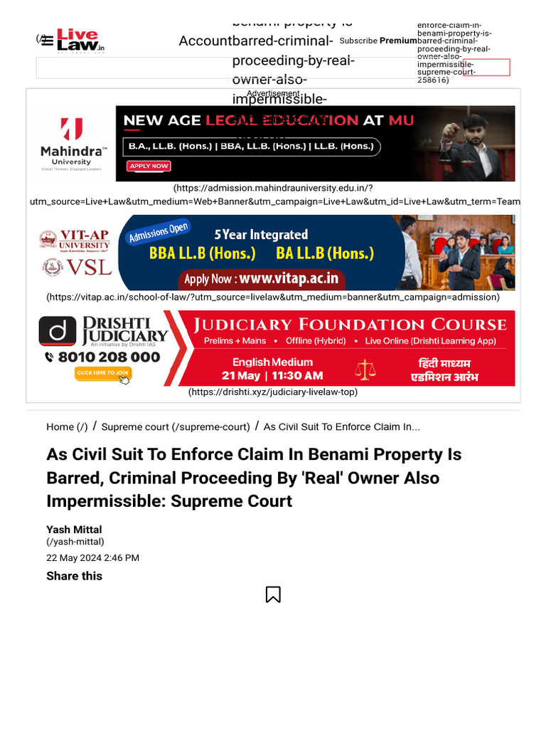 As Civil Suit To Enforce Claim in Benami Property Is Barred, Criminal ...