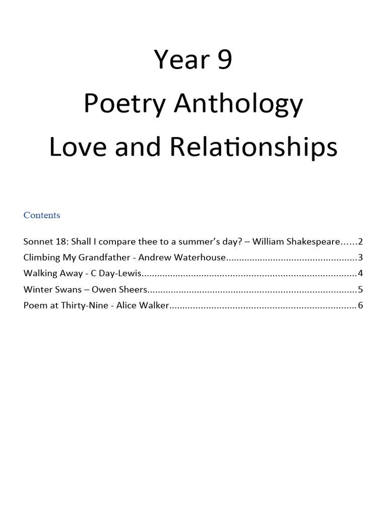 Year 9 Love and Relationships Poetry Booklet PDF Poetry