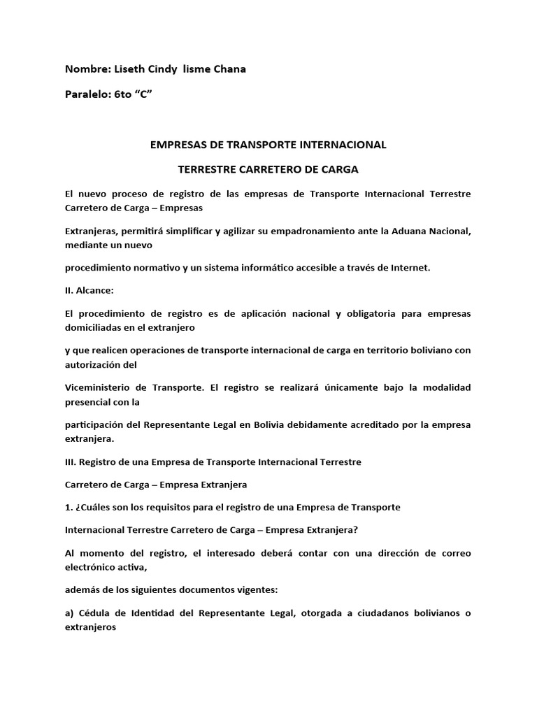 Registro Transporte Internacional Bolivia | PDF | aduana | Documento de ...