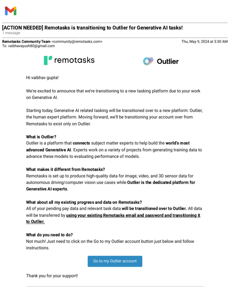 Gmail action needed remotasks is transitioning to outlier for